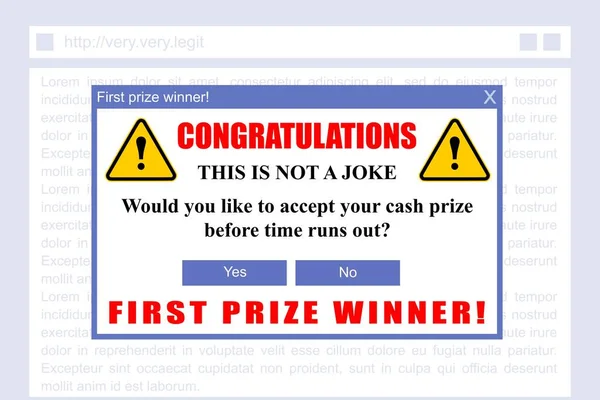 Internet Scam Phishing Attempt Fake Cash Prize Winner Popup Banner — Stockvector
