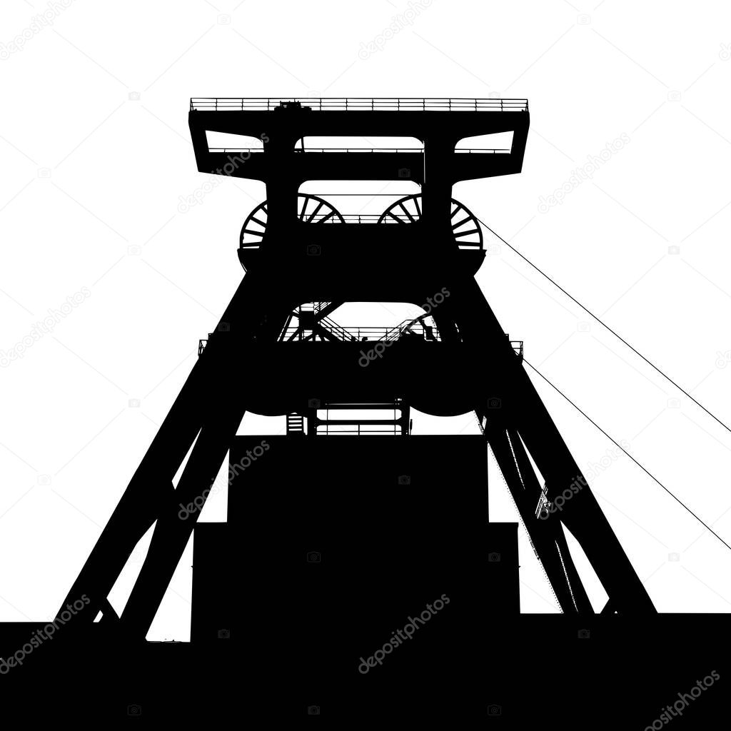 Mining complex vector outline. Coal mine silhouette illustration. Industrial style poster. Black and white.