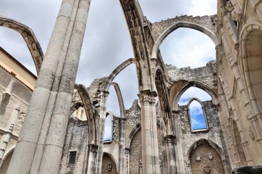 Carmo Convent destroyed by earthquake. Landmark of Lisbon, Portugal. Damaged gothic church in Lisbon.