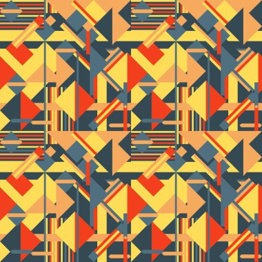 Abstract geometric fashion print. Seamless vector pattern. Geometric texture for wrapping papers, textile template. Red, orange and yellow colors.