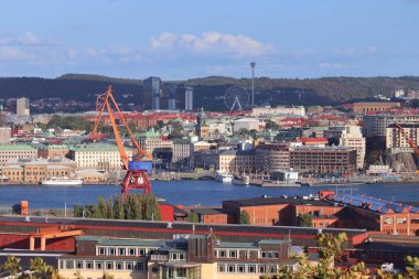 İsveç 'in Göteborg şehrinde. Gota Alv nehri ile Skyline.
