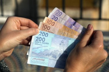 Fas dirhem. Morrocco 'nun para birimi, kullanılmış banknotlar. Fas parası.