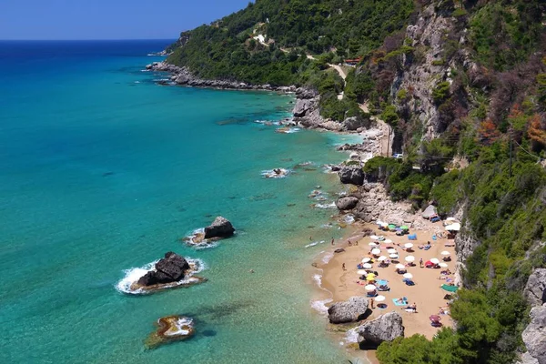 Krajobraz Korfu Wyspa Grecji Myrtiotissa Plaża Poniżej Klifów — Zdjęcie stockowe