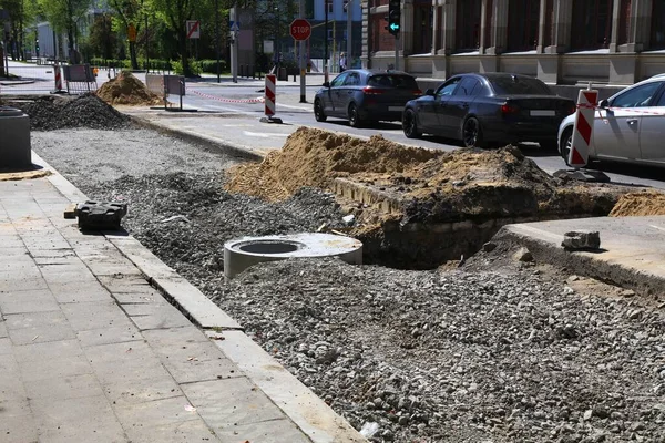 Street Resurfacing Fresh City Street Repaving Construction Works Gliwice Poland — Stock Photo, Image