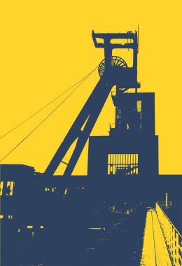 Karmaşık vektör anahatları çıkarılıyor. Kömür madeni silueti çizimi. Sanayi tarzı poster.