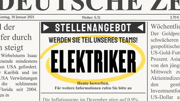 エレクトリシャン エレクトリッカー ドイツ語の仕事のオファー 新聞は広告を分類した 私によって書かれたすべてのテキストコンテンツ — ストックベクタ