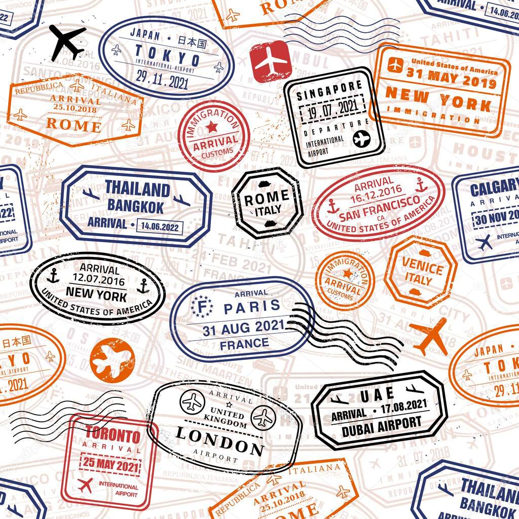 Passport stamps seamless texture. Vector passport stamp vintage style texture. Seamless travel pattern.