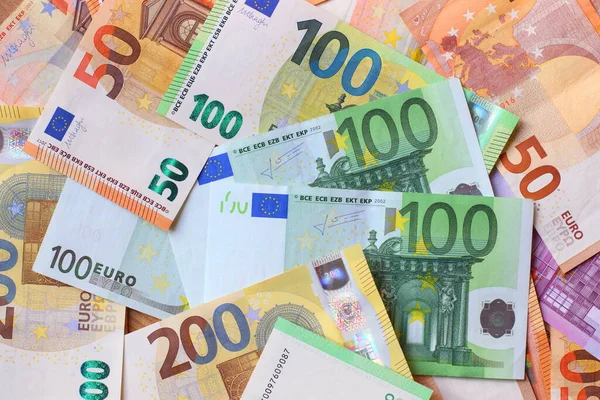 Hintergrund Sind Euro Banknoten Europäische Papiergeldtextur Mit 100 Und 200 — Stockfoto