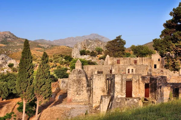 Crete Greece Famous Preveli Monastery Old Religious Landmark Sunset Light — Foto de Stock