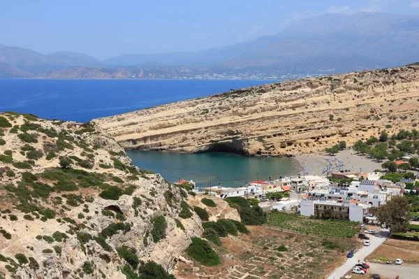 Matala Isla Creta Vista Aérea Ciudad Playa Isla Griega Creta — Foto de Stock