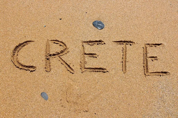 Finger Drawing Sandy Beach Crete Word Crete Greece — Stock Photo, Image