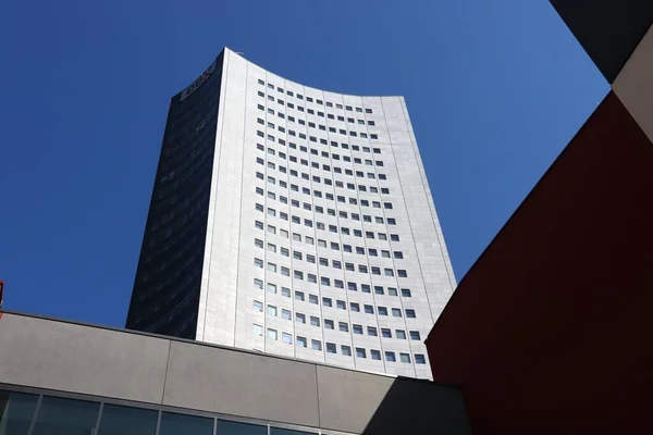 Lipsk Niemcy Maja 2018 Wieżowiec Wieżowiec Lipsku Budynek Jest Własnością — Zdjęcie stockowe