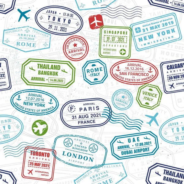 Passport Stamps Seamless Background Vector Passport Stamp Texture Seamless Travel — ストックベクタ