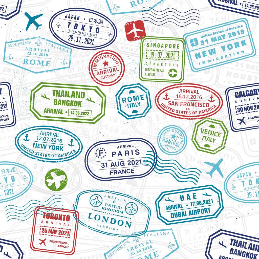 Passport stamps seamless background. Vector passport stamp texture. Seamless travel pattern.