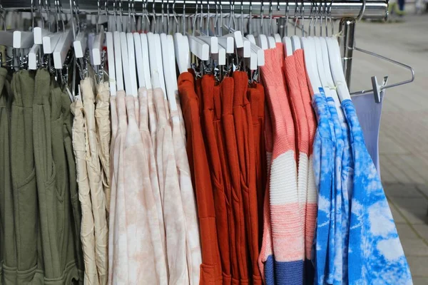 Store Clothes Rack Colorful Blouses Sweaters Choice Fashion Shop Haugesund — Zdjęcie stockowe