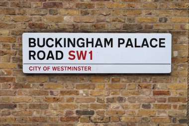 Londra, İngiltere - 15 Temmuz 2019: Londra Buckingham Sarayı Yolu tabelası. Londra, 13 milyon nüfusuyla İngiltere 'nin en kalabalık şehridir..