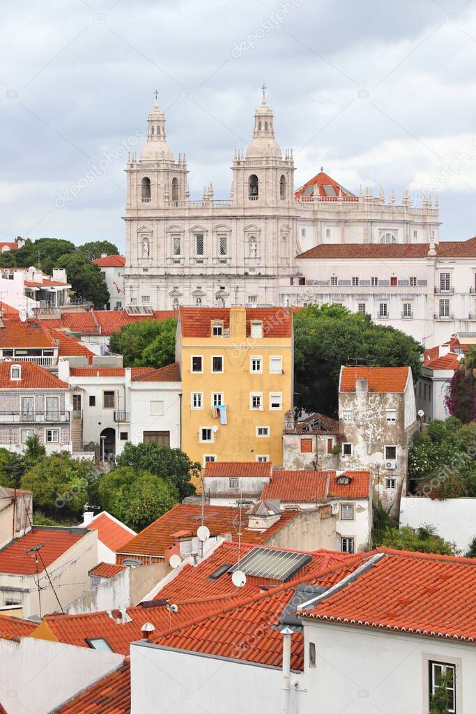 Lisbon city view with Monastery of Sao Vicente de Fora - Alfama neighborhood. Rainy weather.