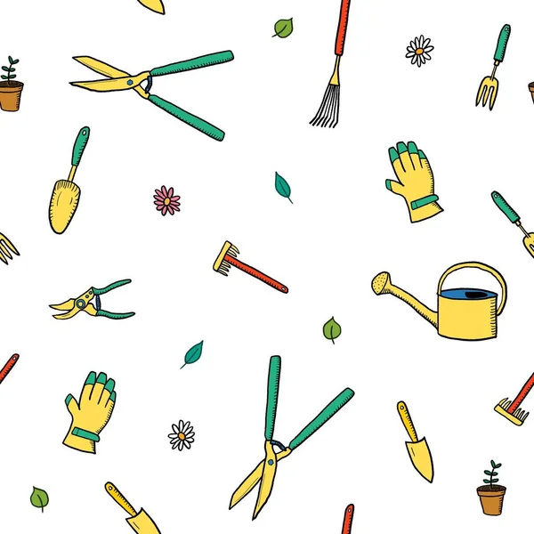Gardening Tools Cartoon Doodle Seamless Pattern Garden Hobby Vector Background — Stok Vektör