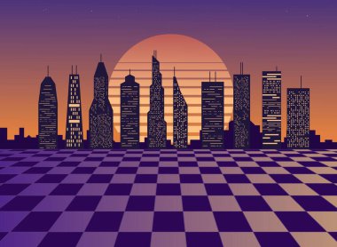 Vaporwave city. Synth wave aesthetics. Future sci-fi city 1980s cool style.