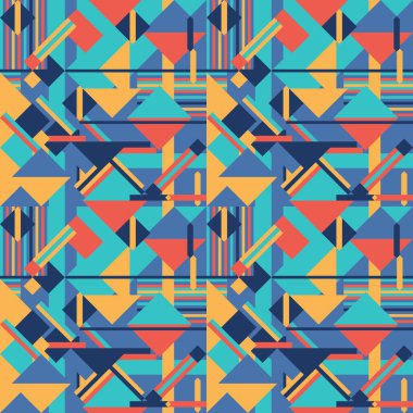 Kusursuz geometrik desen. Modern soyut geometrik şekil tasarımı. Moda olmayan vektör deseni. Turuncu, turkuaz ve mavi renk.