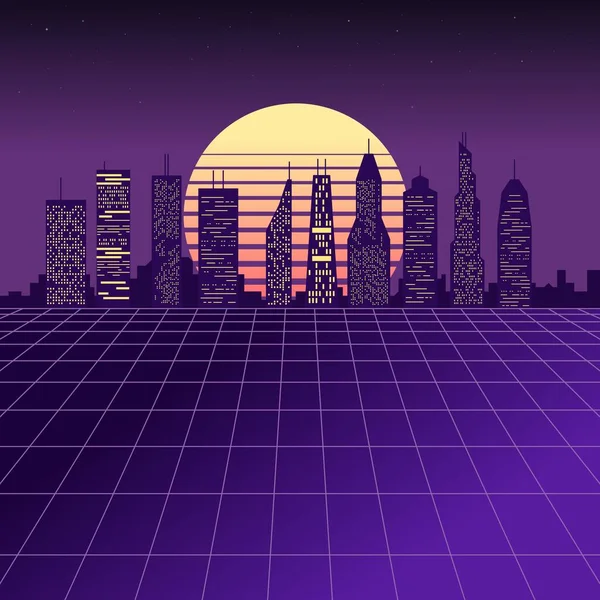 Buhar Dalgası Şehri. Sentetik dalga estetiği. Geleceğin bilim kurgu şehri 1980 'lerin havalı tarzı.