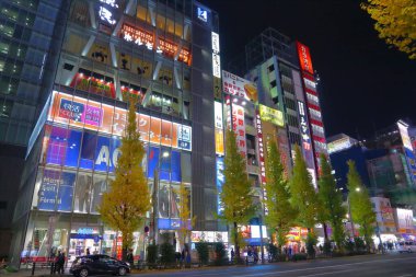 TOKYO, JAPONYA - 1 Aralık 2016: Tokyo 'nun Akihabara ilçesinde insanlar gece yürüyor. Akihabara ilçesi Electric Town bölgesi olarak bilinir, elektronik mağazaları ve otaku kültürüyle ünlüdür..