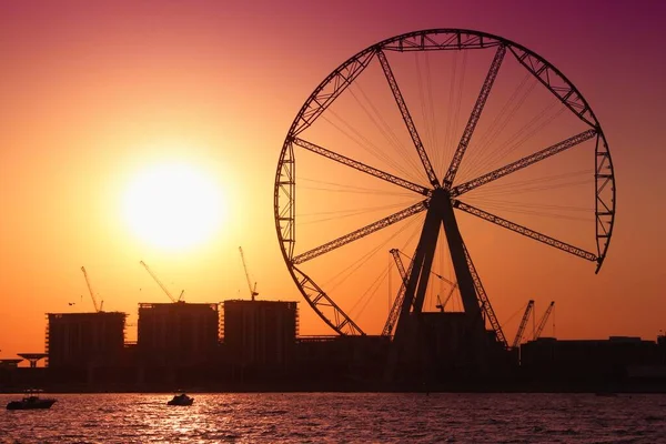 Dubai City Sonnenuntergang Mit Bluewaters Island Bau Und Ain Dubai — Stockfoto