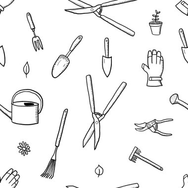 Bahçe aletleri pürüzsüz desen. Bahçe hobisi vektör dokusu çizimi.