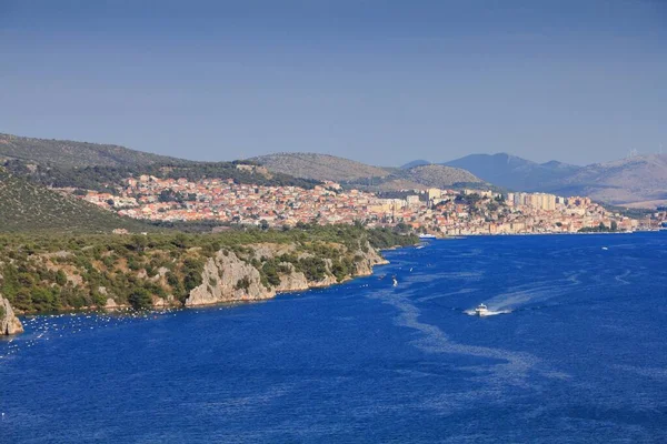 Sibenik Ville Vue Distance Croatie Vue Été Avec Sibenski Zaljev — Photo