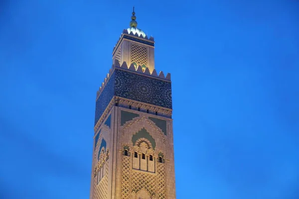 Casablanca Ciudad Más Grande Marruecos Mezquita Hassan Vista Iluminada Nocturna —  Fotos de Stock