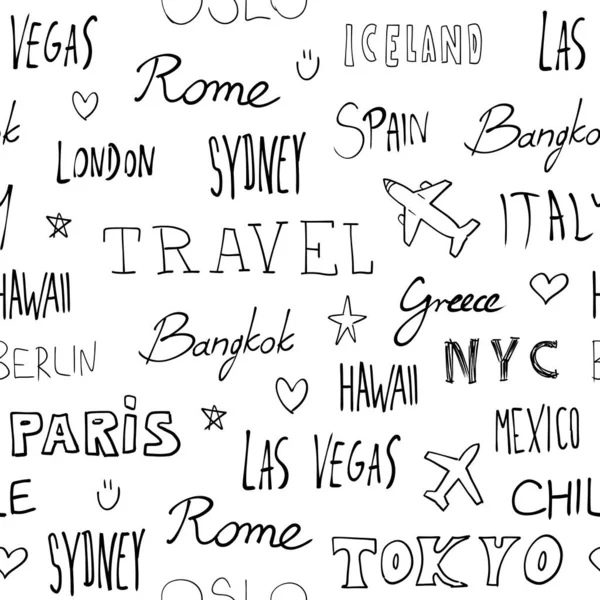 Reisehintergrund Städtenamen Und Reiseziele Word Text Doodle Nahtloses Muster — Stockvektor