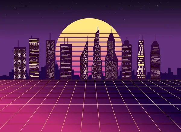 Vaporwave city. Synth wave aesthetics. Future sci-fi city 1980s cool style.