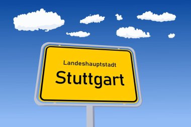 Almanya 'da Stuttgart şehir tabelası. Şehir sınırı yol tabelası. Landeshauptstadt, Almanca 'da devlet başkenti demek..