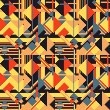 Kusursuz geometrik desen. Modern soyut geometrik şekil tasarımı. Moda olmayan vektör deseni. Turuncu, gri ve sarı renk.