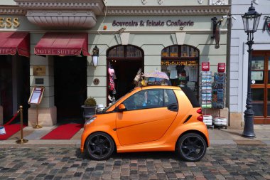 DRESDEN, GERMANY - MAY 10, 2018: Smart Fortwo mini city hatchback car parked in Germany. There were 45.8 million cars registered in Germany (as of 2017).