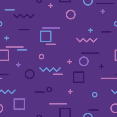 Memphis tarzı. 1990 'ların Memphis' i kusursuz vektör geçmişi. 90 'ların modası geçmiş moda süslemeleri. Mor, pembe ve mavi.