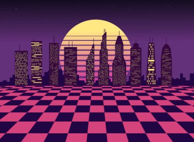 Sci-fi cyber city virtual reality 1980s style. Vaporwave or synthwave urban illustration. Retrofuturistic sunset city skyline.