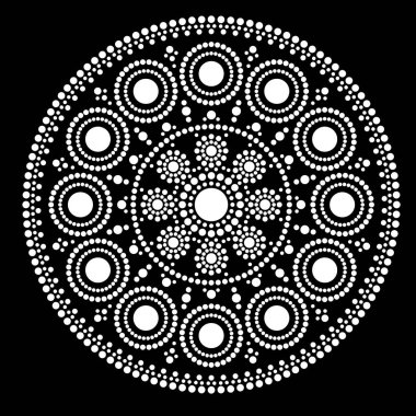 Nokta boyama mandala tasarımı siyah beyaz. Kabile tarzı kaprisli dekorasyon. Aborjin daire süsü.