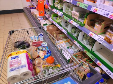 KATOWICE, POLAND - 20 Mayıs 2022: Katowice, Polonya 'daki Lidl süpermarketinde alışveriş arabası. Lidl, Polonya 'da 700 
