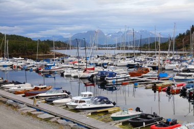 ALESUND, NORway - 27 Temmuz 2020: Alesund şehrindeki Norvevika yat limanı. Alesund, Norveç 'in batısındaki More og Romsdal ilçesinin en büyük şehridir..