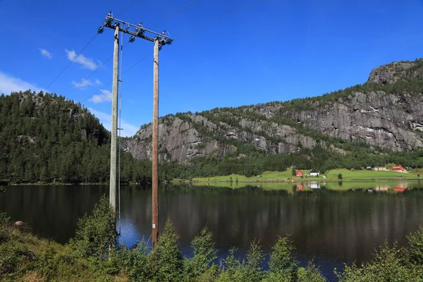 Lake Side Village Setesdal Norway Wooden Electric Pole Agder Region — Fotografia de Stock