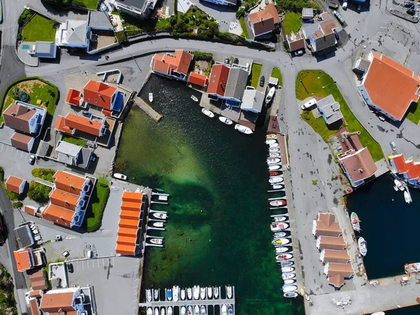 Norway Karmoy Island Drone View Akrehamn Boat Harbor Town Aerial — 图库照片