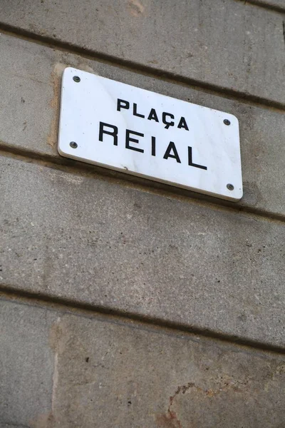 Placa Reial Square Name Sign Barcelona Streets Barcelona Spain — стоковое фото