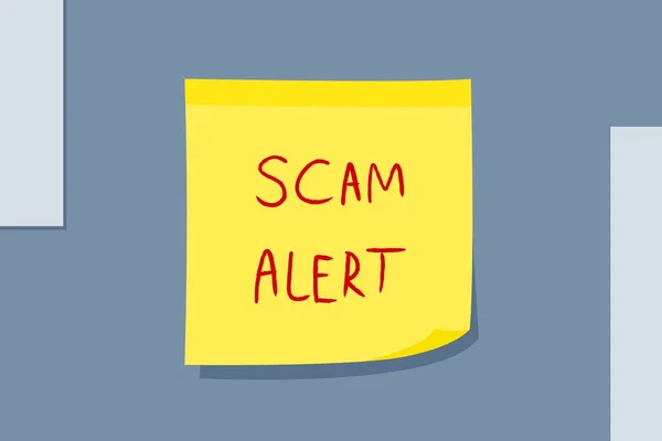 Scam Alert Online Scam Warning Yellow Sticky Note Message Paper – Stock-vektor