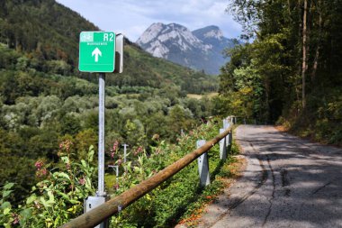 Murradweg long-distance cycling route along river Mur in Austria. View near Frohnleiten in Grazer Bergland region of Styria state.