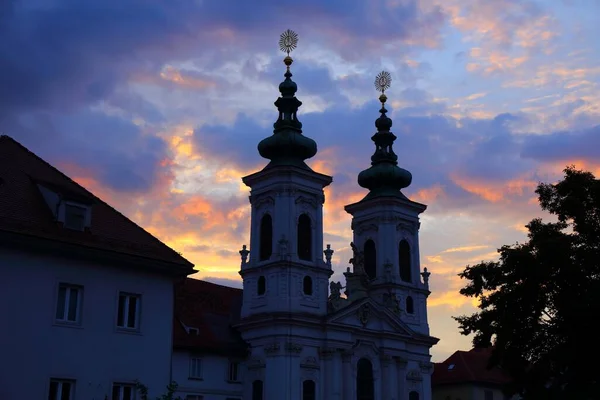 Graz City Austria Sunset Silhouette Mariahilferkirche Church — Zdjęcie stockowe