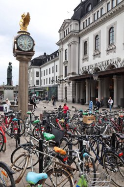 STOCKHOLM, SWEDEN - AUGUST 22, 2018: Bicycles parked in front of Stockholm Central Station in Sweden. The station has approximately 200,000 daily visitors.