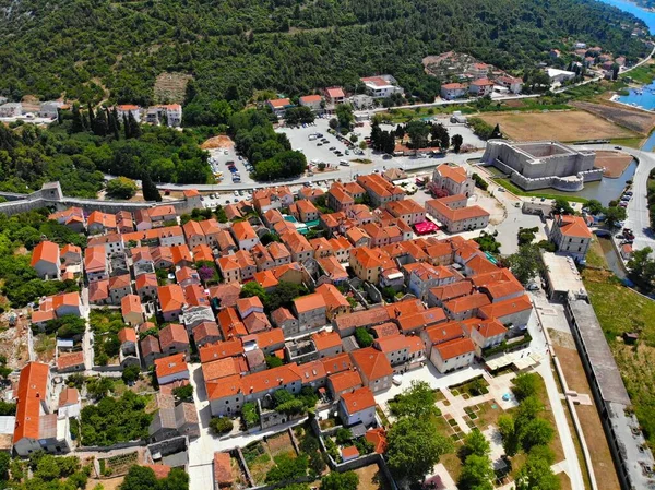 Croacia Vista Del Dron Ciudad Ston Murallas Medievales — Foto de Stock