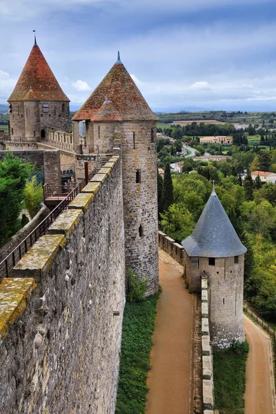 Carcassonne medieval city in France. Walled fortified city in Aude department.