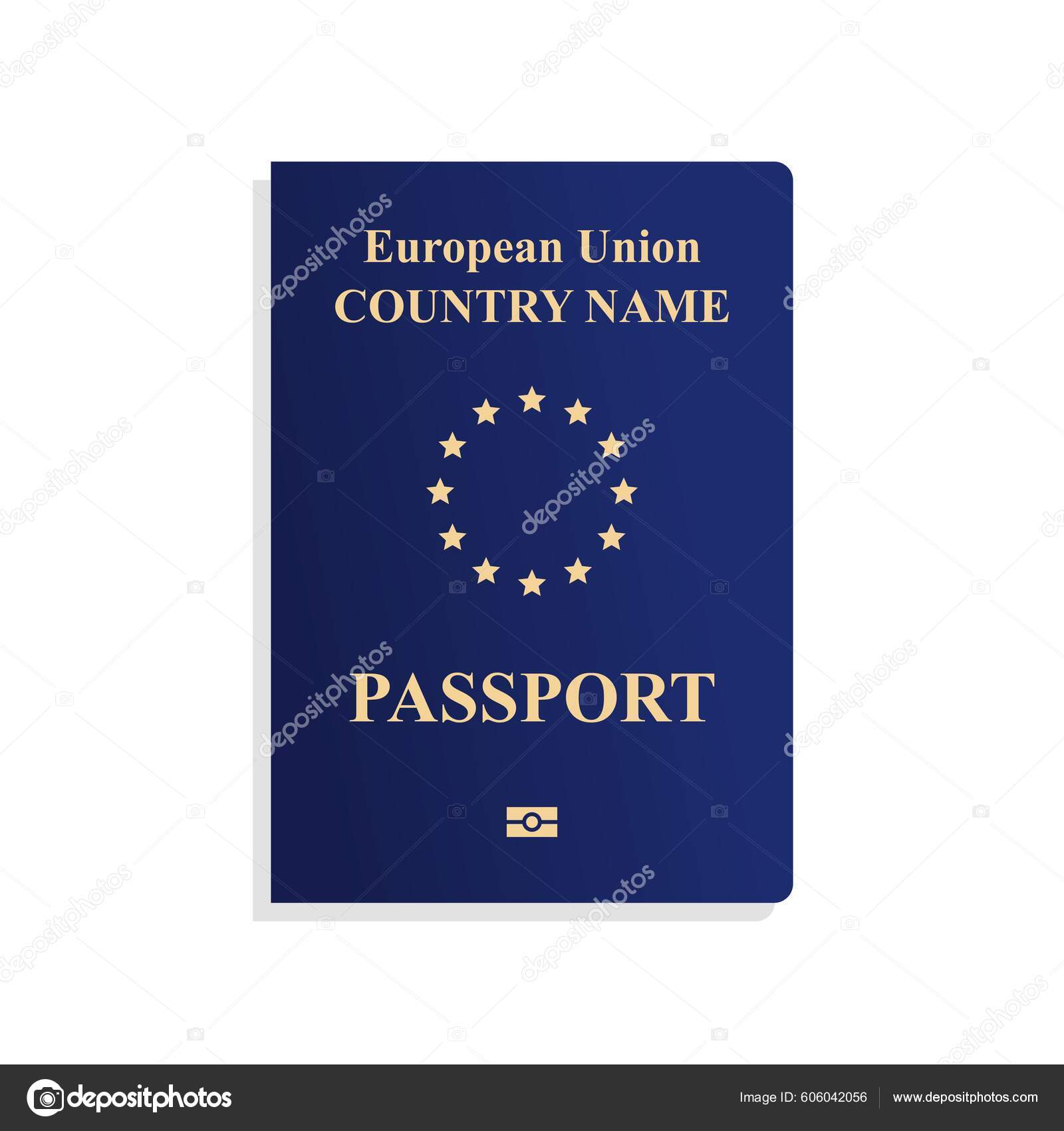 欧洲联盟护照封面模板孤立的蓝色国际病媒护照正面模板底部的生物识别符号图库矢量图©tupungato 606042056